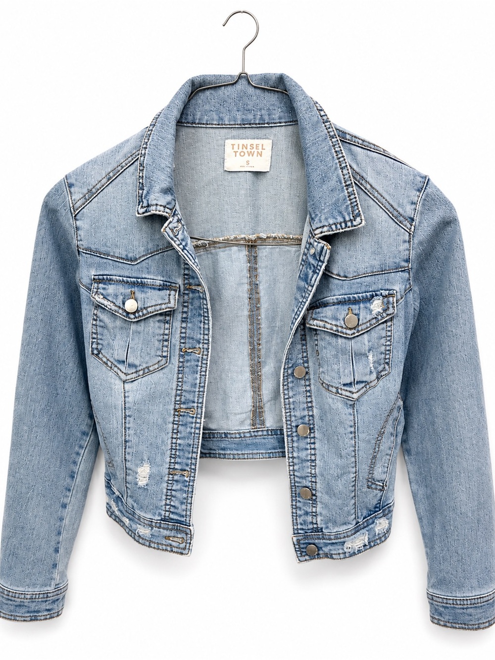 Tinsel Town Women’s Distressed Light Wash Denim Jacket Size S